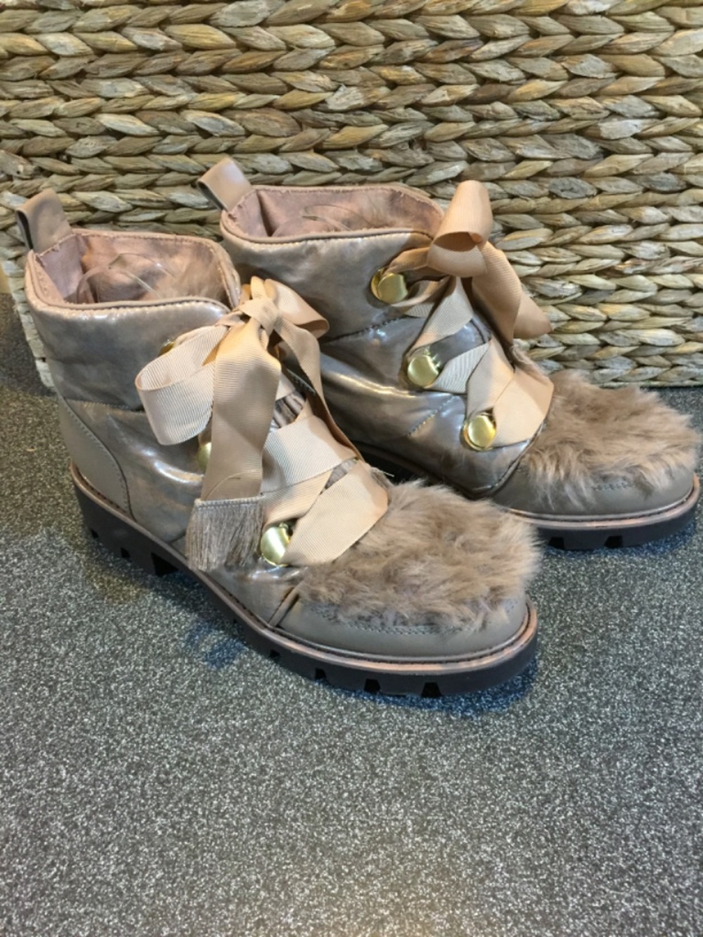 Kelsi Dagger Taupe Faux Fur Ribbon Ankle Booties - Picture 8 of 14